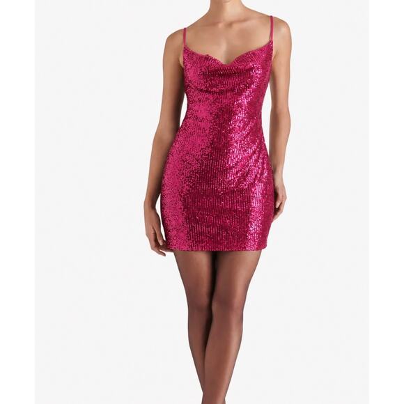 Steve Madden Dresses & Skirts - Steve Madden Revolve Pink Sequin Mini Dress Cowl Neck Strappy Party Club M
